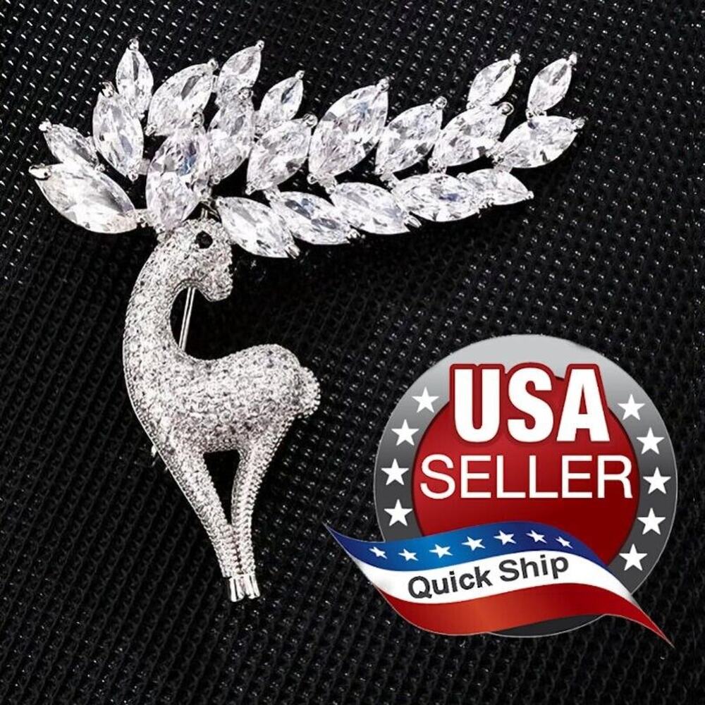 Reindeer Christmas Brooch • Elegant Marquis Rhinestone Antlers • Pave-Set Body